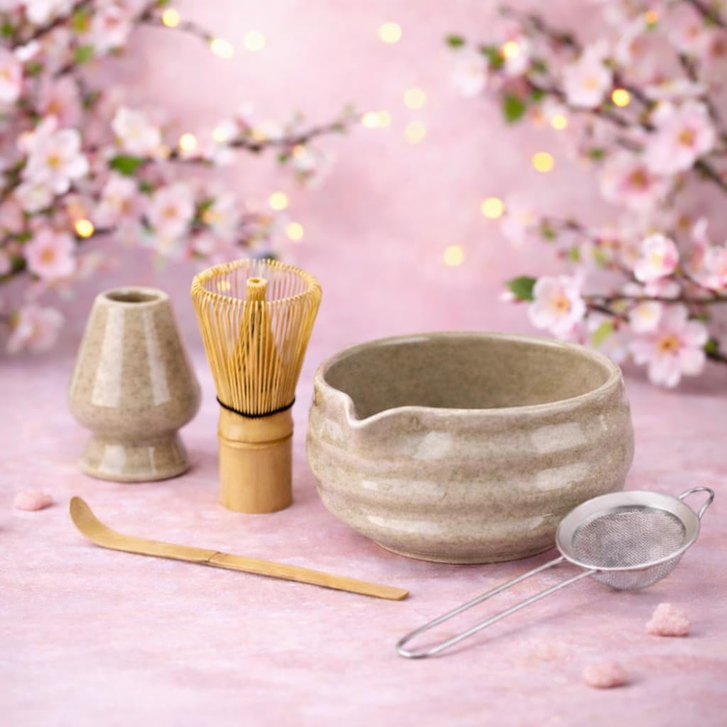 Whisk Set- Matcha Set includes Matcha Whisk and Bowl (Bowl with Spout), Sifter, Holder and Scoop- The Perfect Bamboo Whisk for Matcha Tea (Molted Green)