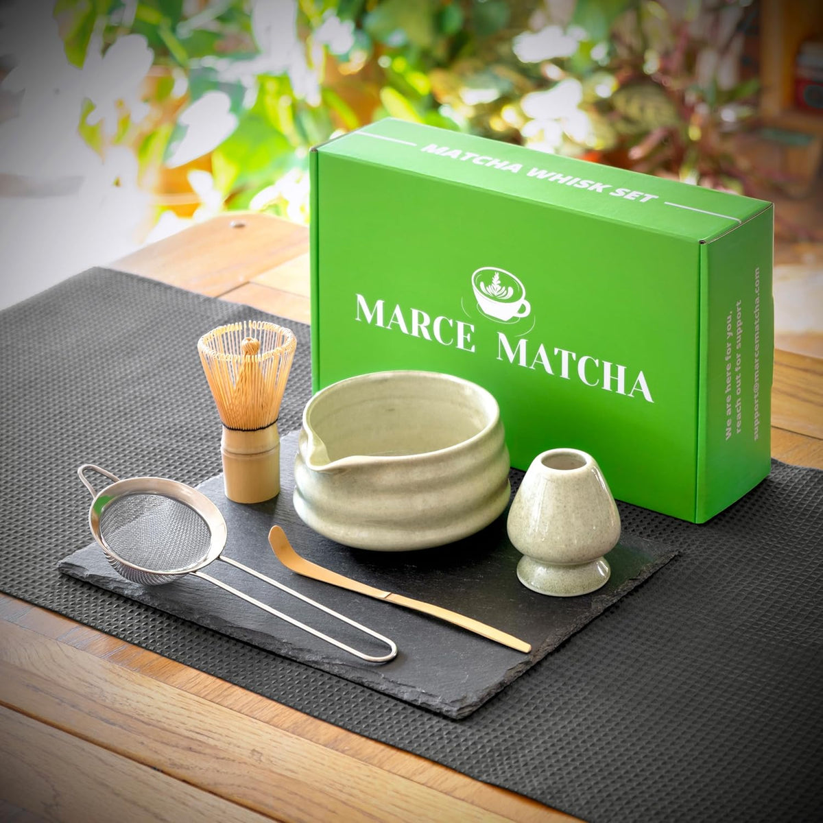Whisk Set- Matcha Set includes Matcha Whisk and Bowl (Bowl with Spout), Sifter, Holder and Scoop- The Perfect Bamboo Whisk for Matcha Tea (Molted Green)