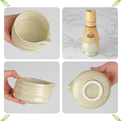 Whisk Set- Matcha Set includes Matcha Whisk and Bowl (Bowl with Spout), Sifter, Holder and Scoop- The Perfect Bamboo Whisk for Matcha Tea (Molted Green)