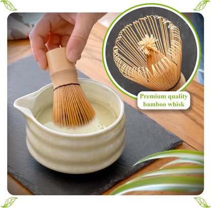 Whisk Set- Matcha Set includes Matcha Whisk and Bowl (Bowl with Spout), Sifter, Holder and Scoop- The Perfect Bamboo Whisk for Matcha Tea (Molted Green)