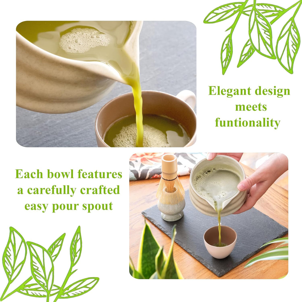 Whisk Set- Matcha Set includes Matcha Whisk and Bowl (Bowl with Spout), Sifter, Holder and Scoop- The Perfect Bamboo Whisk for Matcha Tea (Molted Green)