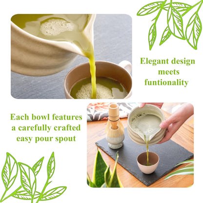 Whisk Set- Matcha Set includes Matcha Whisk and Bowl (Bowl with Spout), Sifter, Holder and Scoop- The Perfect Bamboo Whisk for Matcha Tea (Molted Green)
