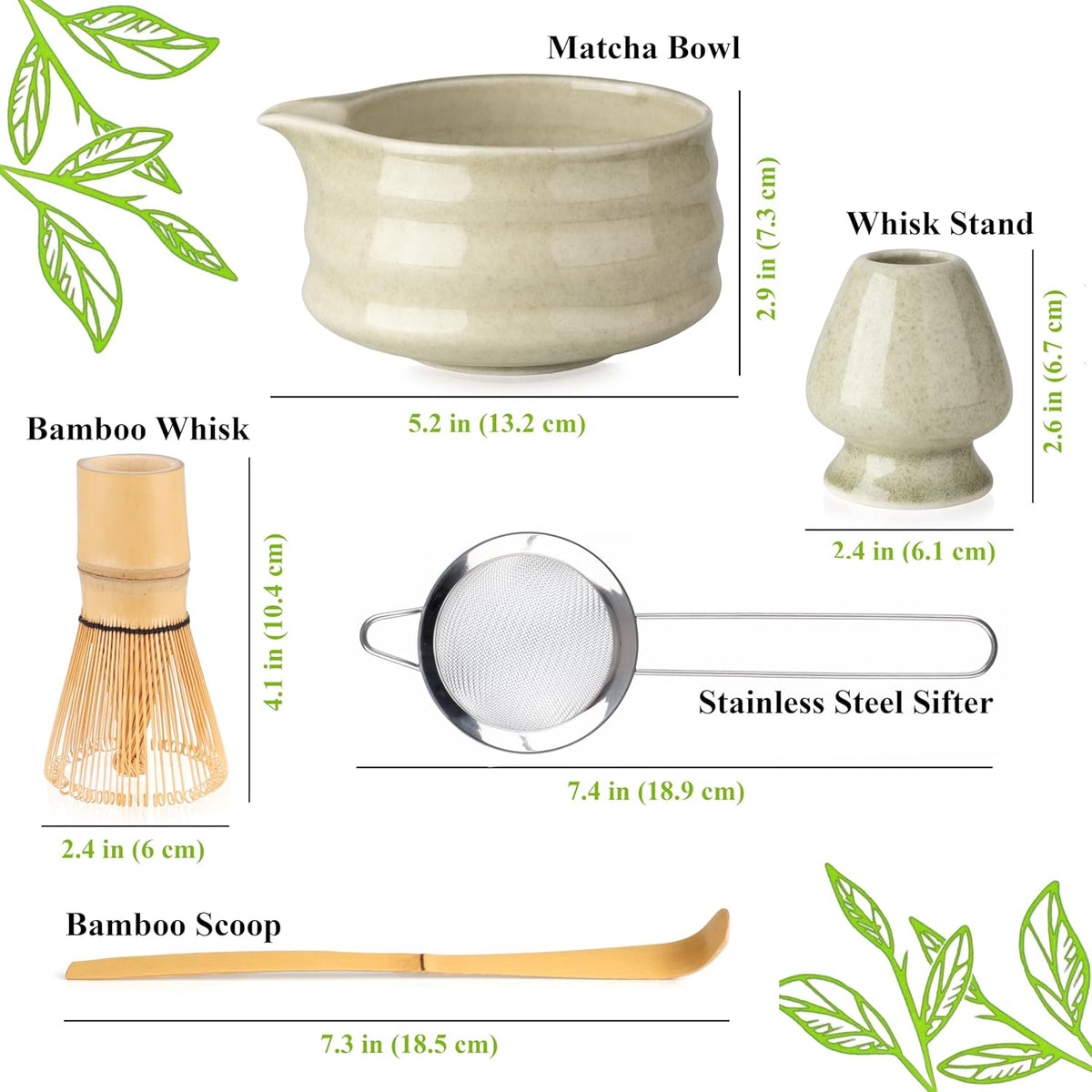 Whisk Set- Matcha Set includes Matcha Whisk and Bowl (Bowl with Spout), Sifter, Holder and Scoop- The Perfect Bamboo Whisk for Matcha Tea (Molted Green)