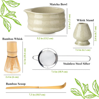 Whisk Set- Matcha Set includes Matcha Whisk and Bowl (Bowl with Spout), Sifter, Holder and Scoop- The Perfect Bamboo Whisk for Matcha Tea (Molted Green)