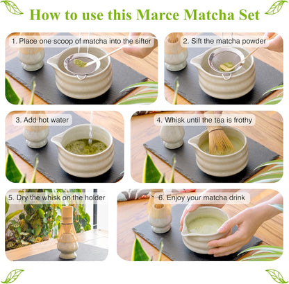Whisk Set- Matcha Set includes Matcha Whisk and Bowl (Bowl with Spout), Sifter, Holder and Scoop- The Perfect Bamboo Whisk for Matcha Tea (Molted Green)