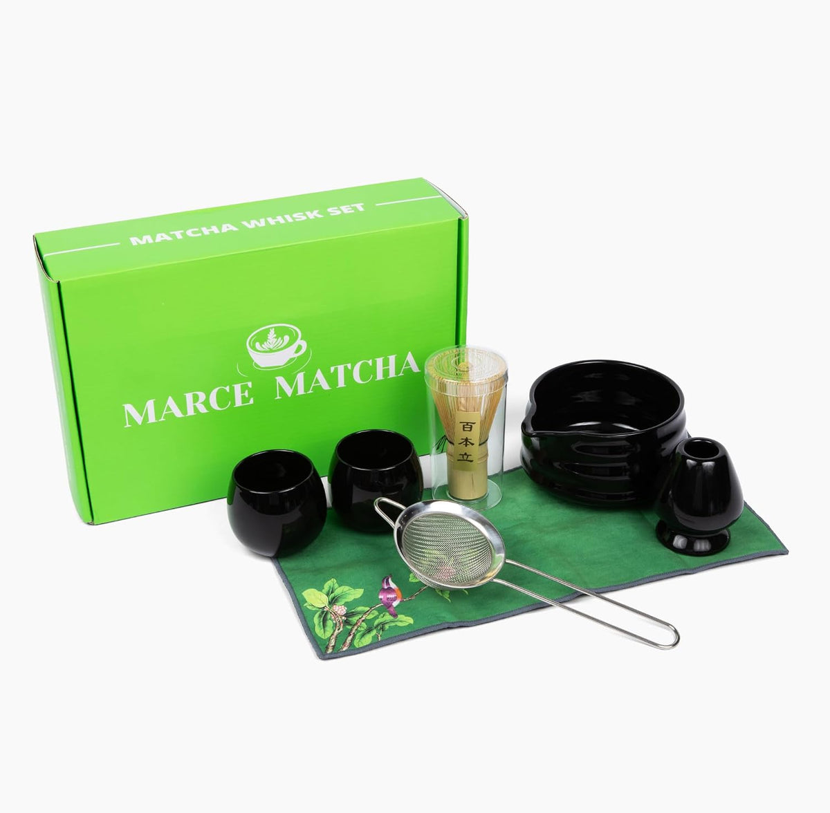 Whisk Set- Matcha Set includes Matcha Whisk and Bowl (Bowl with Spout), Sifter, Holder and Scoop- The Perfect Bamboo Whisk for Matcha Tea (Molted Green)