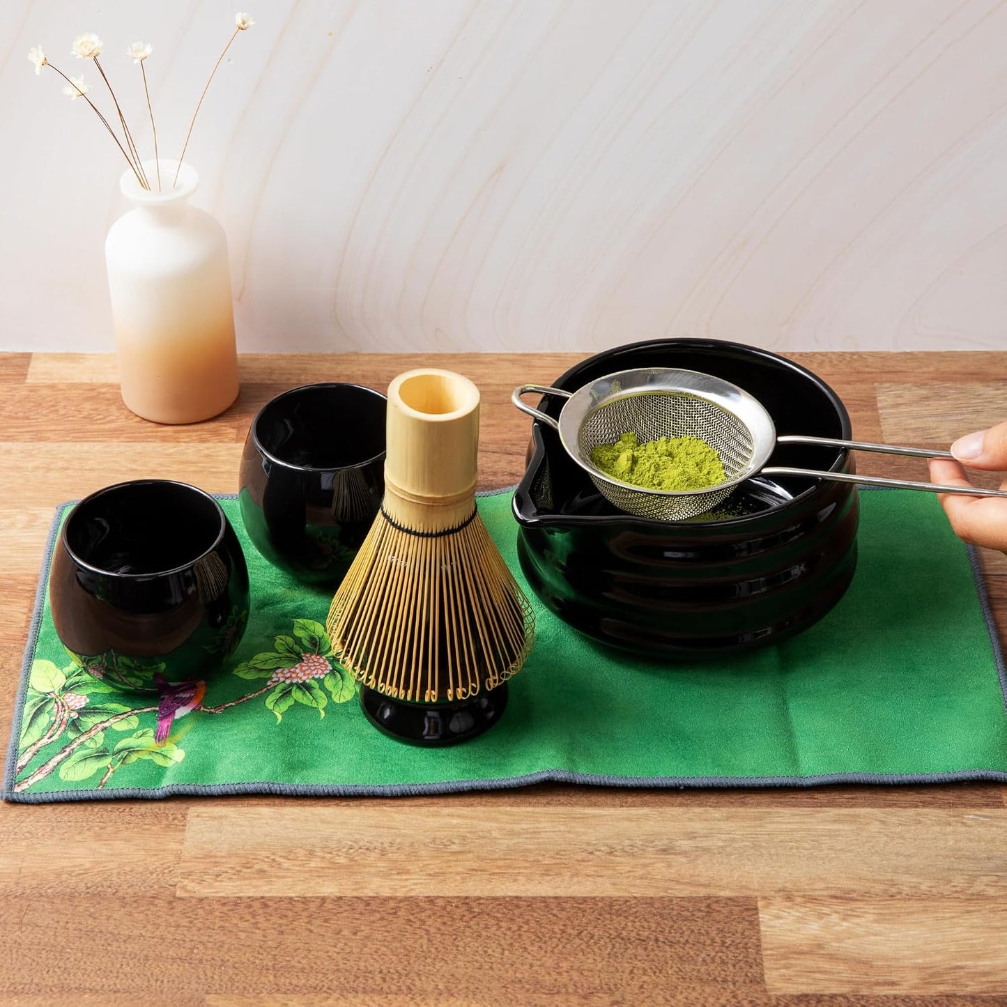 Whisk Set- Matcha Set includes Matcha Whisk and Bowl (Bowl with Spout), Sifter, Holder and Scoop- The Perfect Bamboo Whisk for Matcha Tea (Molted Green)