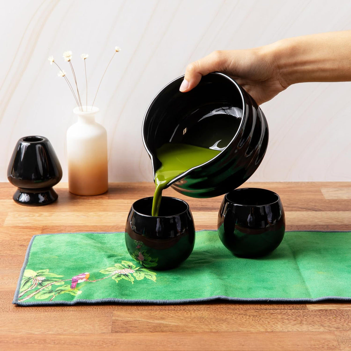 Whisk Set- Matcha Set includes Matcha Whisk and Bowl (Bowl with Spout), Sifter, Holder and Scoop- The Perfect Bamboo Whisk for Matcha Tea (Molted Green)