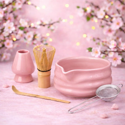 Whisk Set- Matcha Set includes Matcha Whisk and Bowl (Bowl with Spout), Sifter, Holder and Scoop- The Perfect Bamboo Whisk for Matcha Tea (Molted Green)