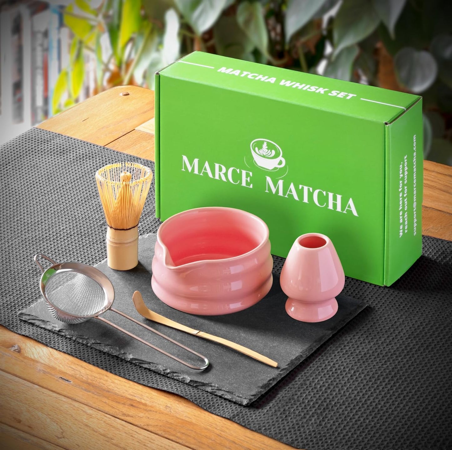 Whisk Set- Matcha Set includes Matcha Whisk and Bowl (Bowl with Spout), Sifter, Holder and Scoop- The Perfect Bamboo Whisk for Matcha Tea (Molted Green)