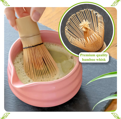 Whisk Set- Matcha Set includes Matcha Whisk and Bowl (Bowl with Spout), Sifter, Holder and Scoop- The Perfect Bamboo Whisk for Matcha Tea (Molted Green)