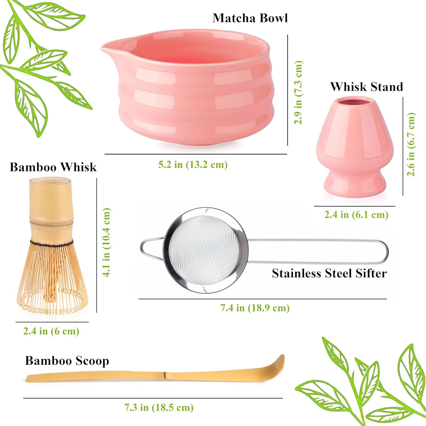 Whisk Set- Matcha Set includes Matcha Whisk and Bowl (Bowl with Spout), Sifter, Holder and Scoop- The Perfect Bamboo Whisk for Matcha Tea (Molted Green)
