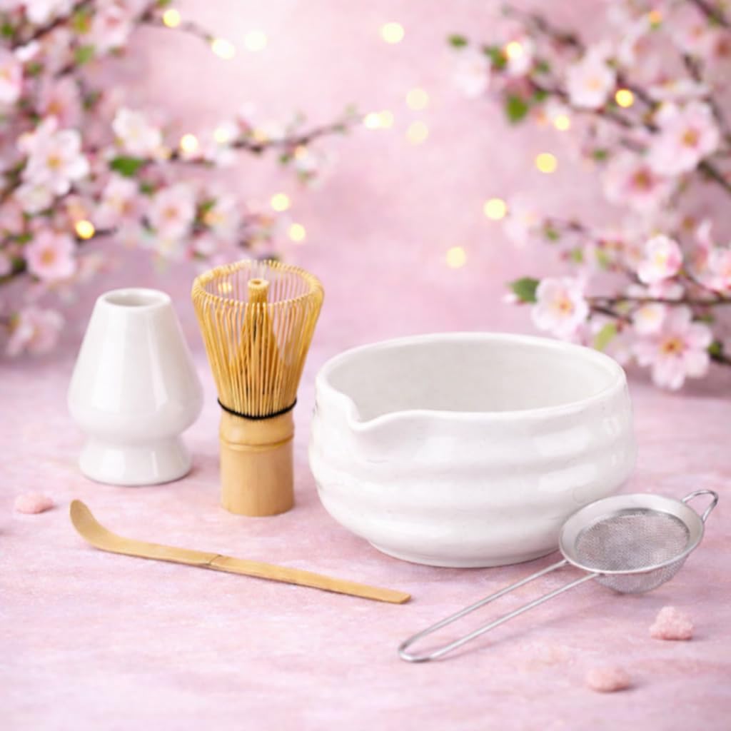 Whisk Set- Matcha Set includes Matcha Whisk and Bowl (Bowl with Spout), Sifter, Holder and Scoop- The Perfect Bamboo Whisk for Matcha Tea (Molted Green)