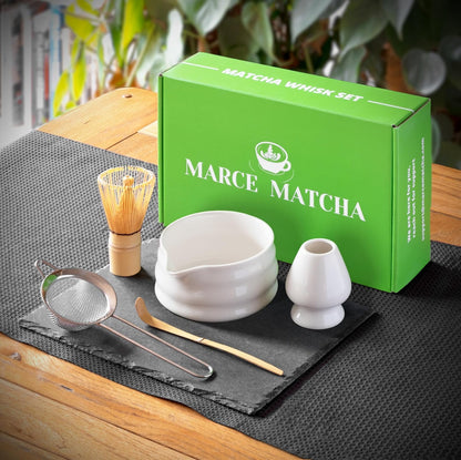 Whisk Set- Matcha Set includes Matcha Whisk and Bowl (Bowl with Spout), Sifter, Holder and Scoop- The Perfect Bamboo Whisk for Matcha Tea (Molted Green)
