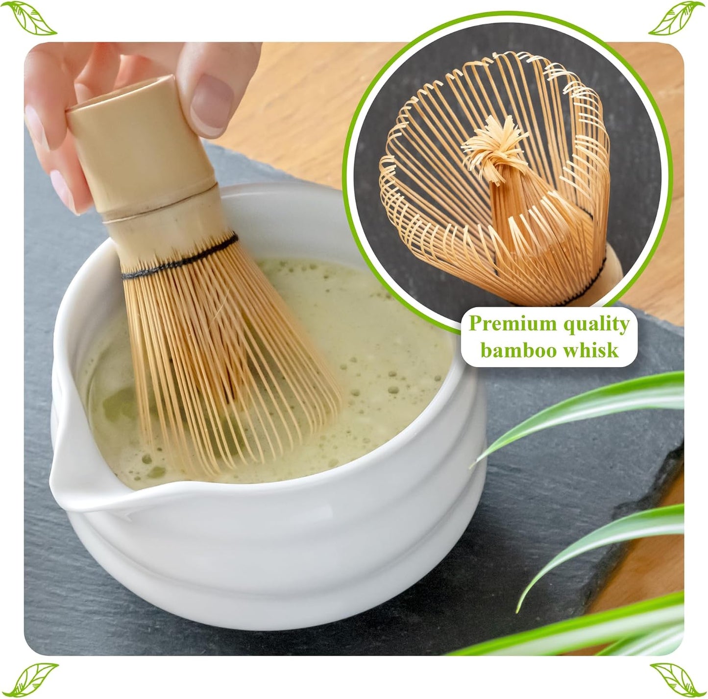 Whisk Set- Matcha Set includes Matcha Whisk and Bowl (Bowl with Spout), Sifter, Holder and Scoop- The Perfect Bamboo Whisk for Matcha Tea (Molted Green)