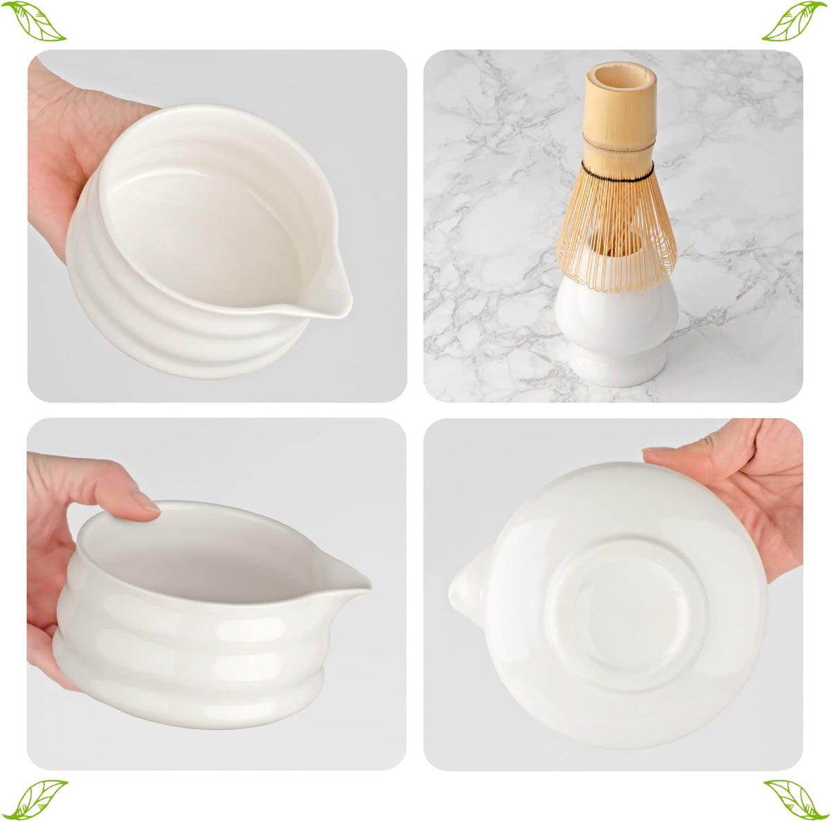 Whisk Set- Matcha Set includes Matcha Whisk and Bowl (Bowl with Spout), Sifter, Holder and Scoop- The Perfect Bamboo Whisk for Matcha Tea (Molted Green)