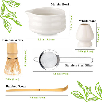 Whisk Set- Matcha Set includes Matcha Whisk and Bowl (Bowl with Spout), Sifter, Holder and Scoop- The Perfect Bamboo Whisk for Matcha Tea (Molted Green)