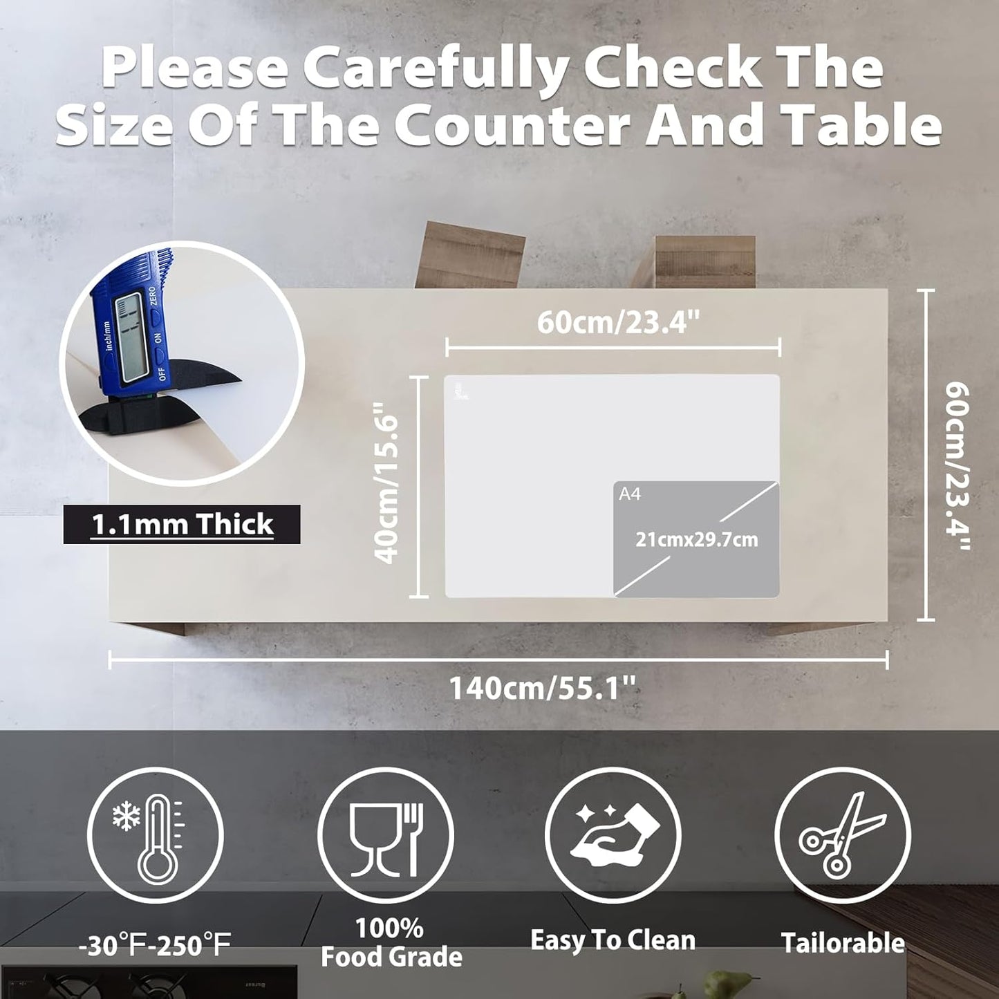 Thick Silicone Counter Mat Large 23.4x15.6" for Kitchen Countertop Crafts | Kitchen Table/Countertop Protector/Non Stick Pastry Baking Placemats Silicone Pad Crafts Kid Heat Resistant White Translucent