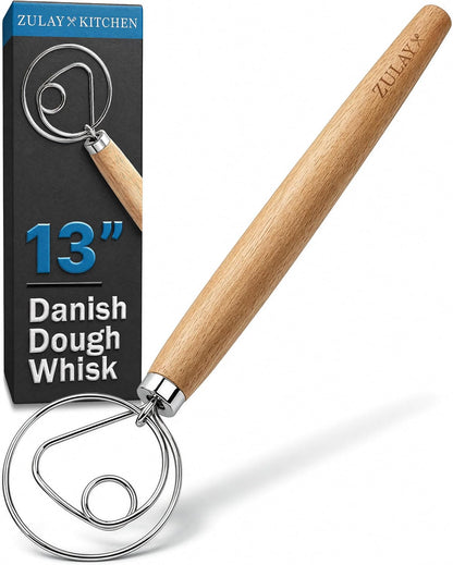 13-Inch Danish Dough Whisk - Stainless Steel Wooden Whisk with Dough Hook - Sourdough Whisk for Bread, Pizza, Pastry, Cake Batter & More - Wood