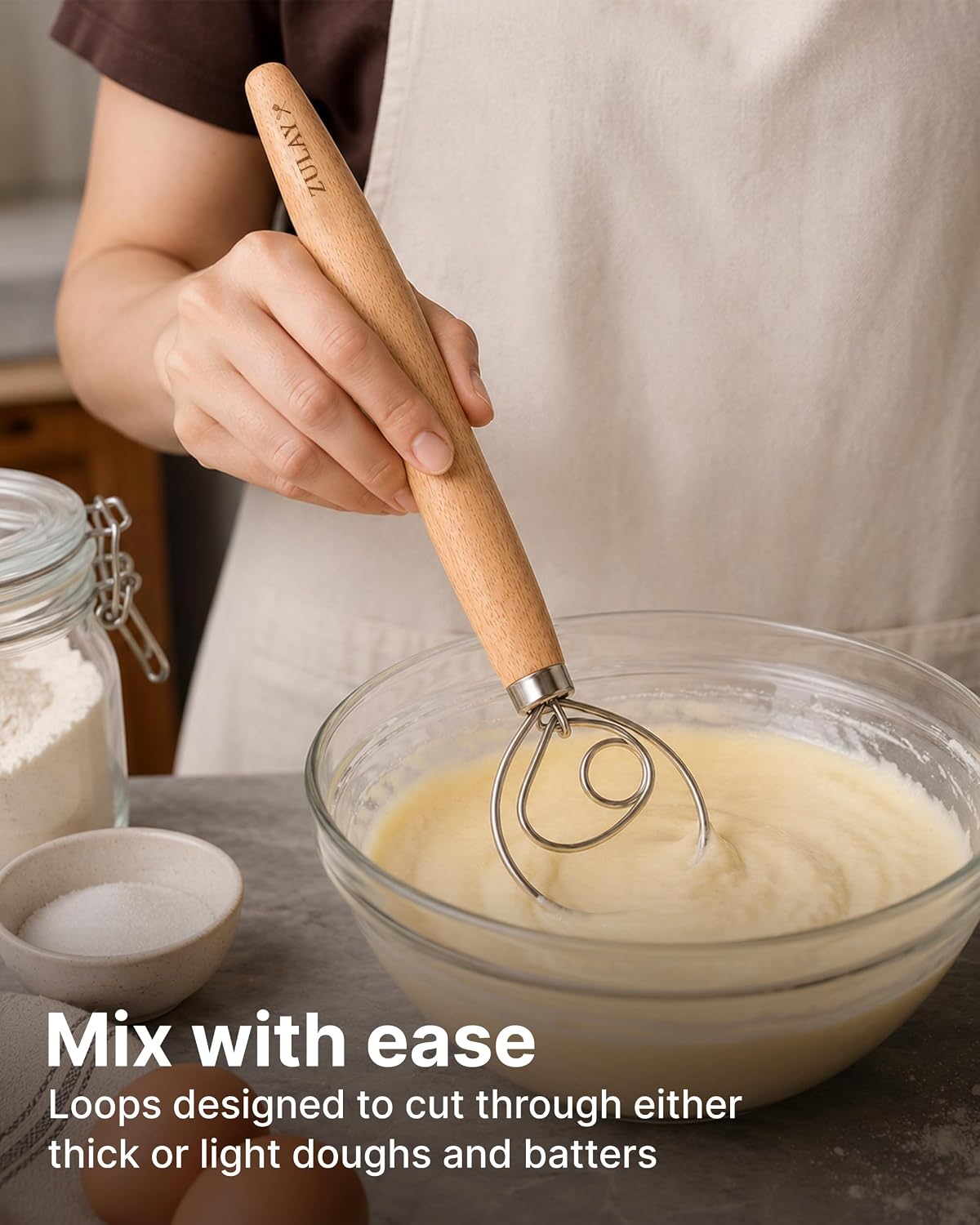 13-Inch Danish Dough Whisk - Stainless Steel Wooden Whisk with Dough Hook - Sourdough Whisk for Bread, Pizza, Pastry, Cake Batter & More - Wood