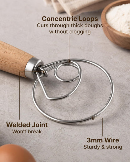 13-Inch Danish Dough Whisk - Stainless Steel Wooden Whisk with Dough Hook - Sourdough Whisk for Bread, Pizza, Pastry, Cake Batter & More - Wood