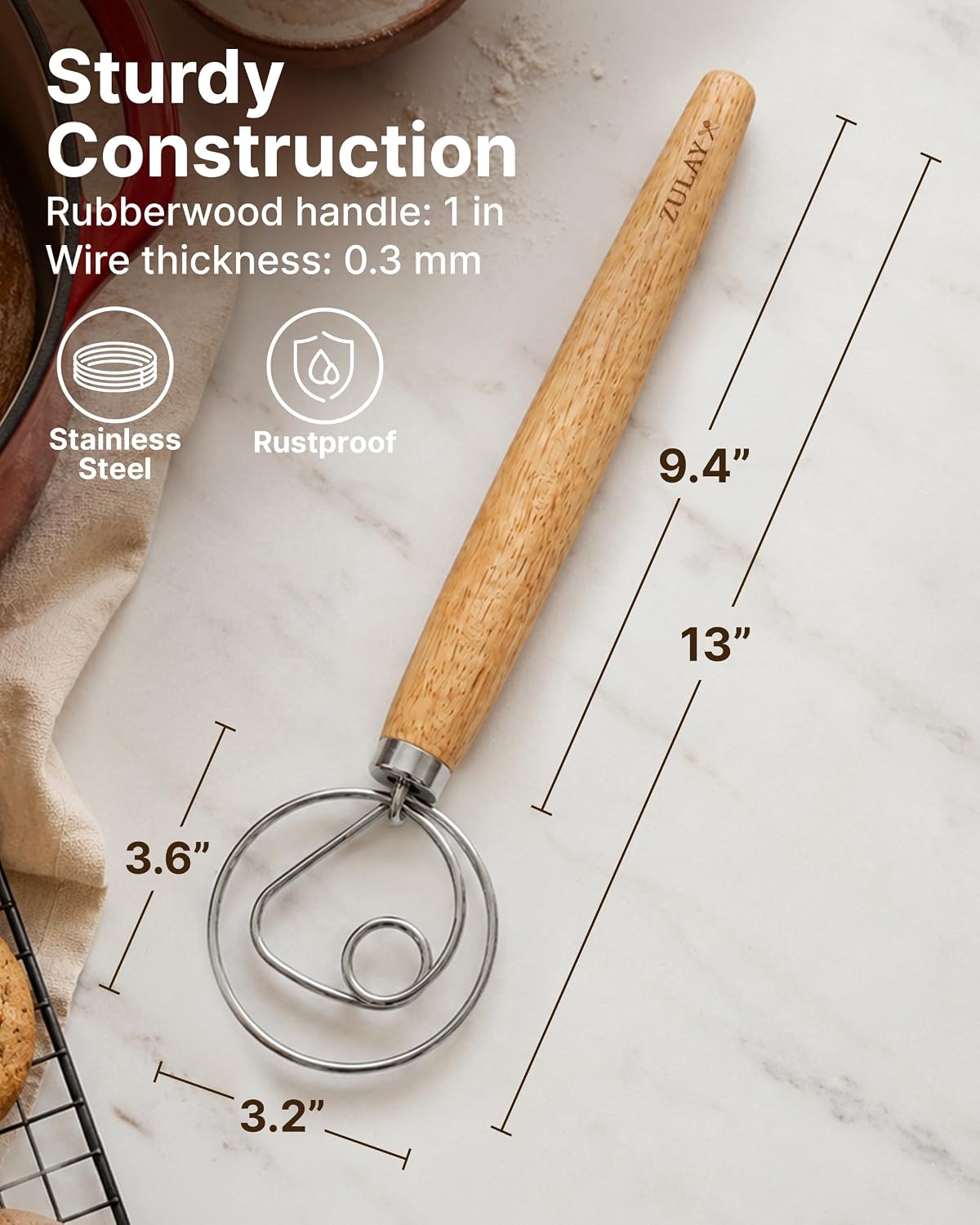 13-Inch Danish Dough Whisk - Stainless Steel Wooden Whisk with Dough Hook - Sourdough Whisk for Bread, Pizza, Pastry, Cake Batter & More - Wood