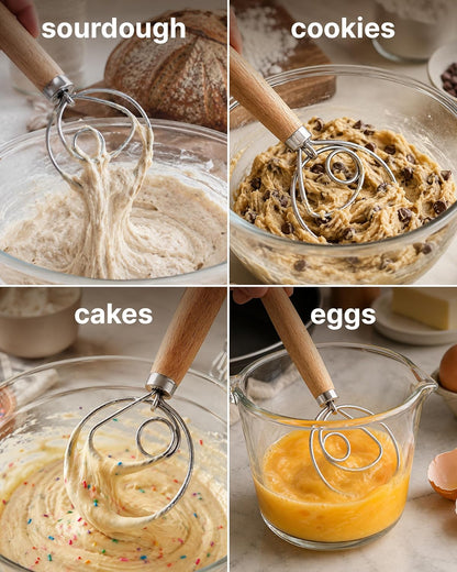 13-Inch Danish Dough Whisk - Stainless Steel Wooden Whisk with Dough Hook - Sourdough Whisk for Bread, Pizza, Pastry, Cake Batter & More - Wood
