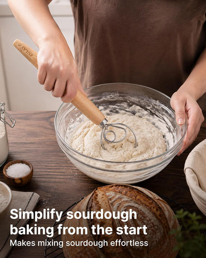 13-Inch Danish Dough Whisk - Stainless Steel Wooden Whisk with Dough Hook - Sourdough Whisk for Bread, Pizza, Pastry, Cake Batter & More - Wood