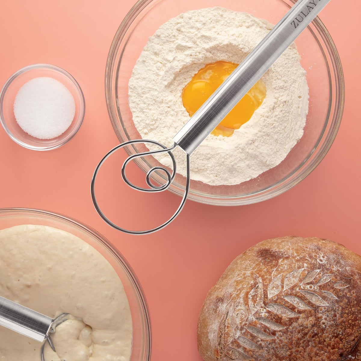 13-Inch Danish Dough Whisk - Stainless Steel Wooden Whisk with Dough Hook - Sourdough Whisk for Bread, Pizza, Pastry, Cake Batter & More - Wood