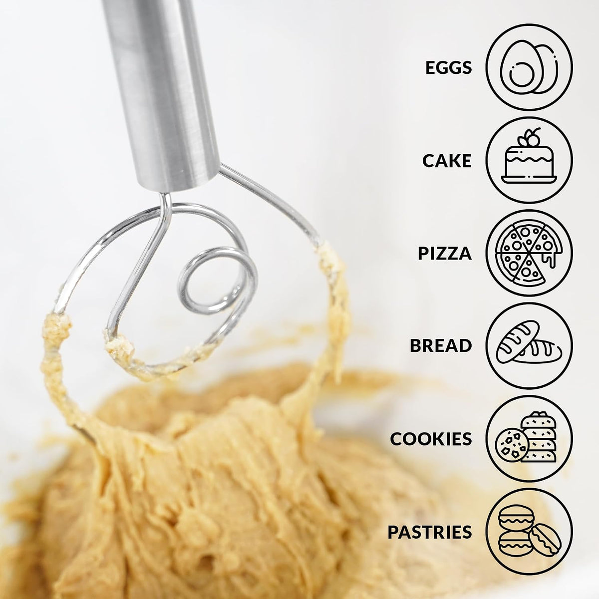 13-Inch Danish Dough Whisk - Stainless Steel Wooden Whisk with Dough Hook - Sourdough Whisk for Bread, Pizza, Pastry, Cake Batter & More - Wood