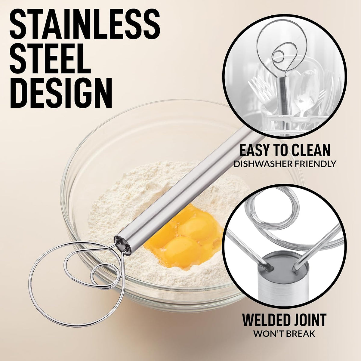 13-Inch Danish Dough Whisk - Stainless Steel Wooden Whisk with Dough Hook - Sourdough Whisk for Bread, Pizza, Pastry, Cake Batter & More - Wood