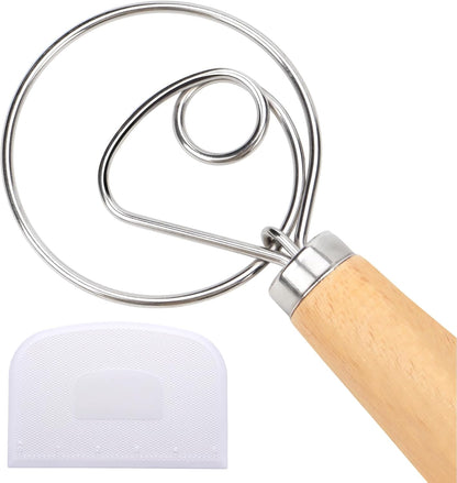 Danish Dough Whisk, 12.5 Inch Dutch Style Bread Whisk with Dough Scraper, Stainless Steel Danish Sourdough Whisks for Bread Pastry Pizza Cake Baking