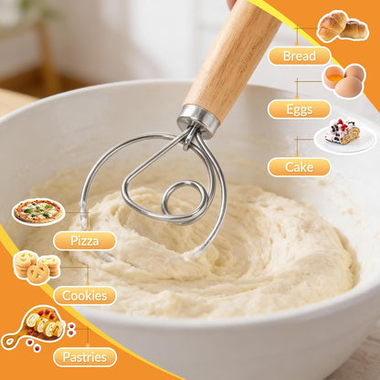 Danish Dough Whisk, 12.5 Inch Dutch Style Bread Whisk with Dough Scraper, Stainless Steel Danish Sourdough Whisks for Bread Pastry Pizza Cake Baking