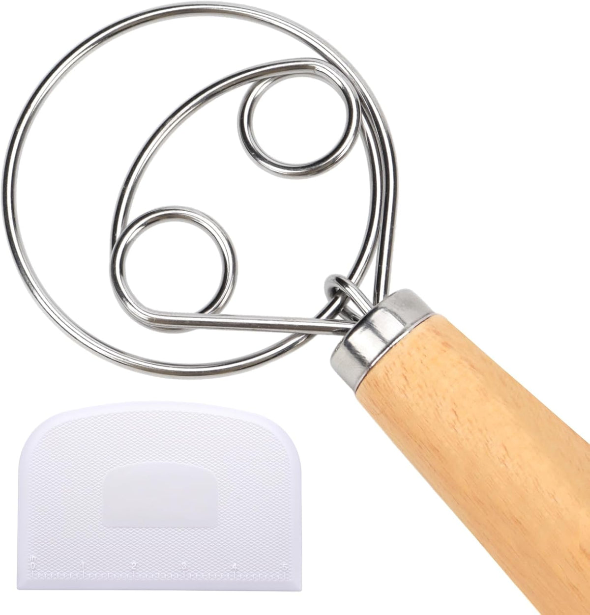 Danish Dough Whisk, 12.5 Inch Dutch Style Bread Whisk with Dough Scraper, Stainless Steel Danish Sourdough Whisks for Bread Pastry Pizza Cake Baking