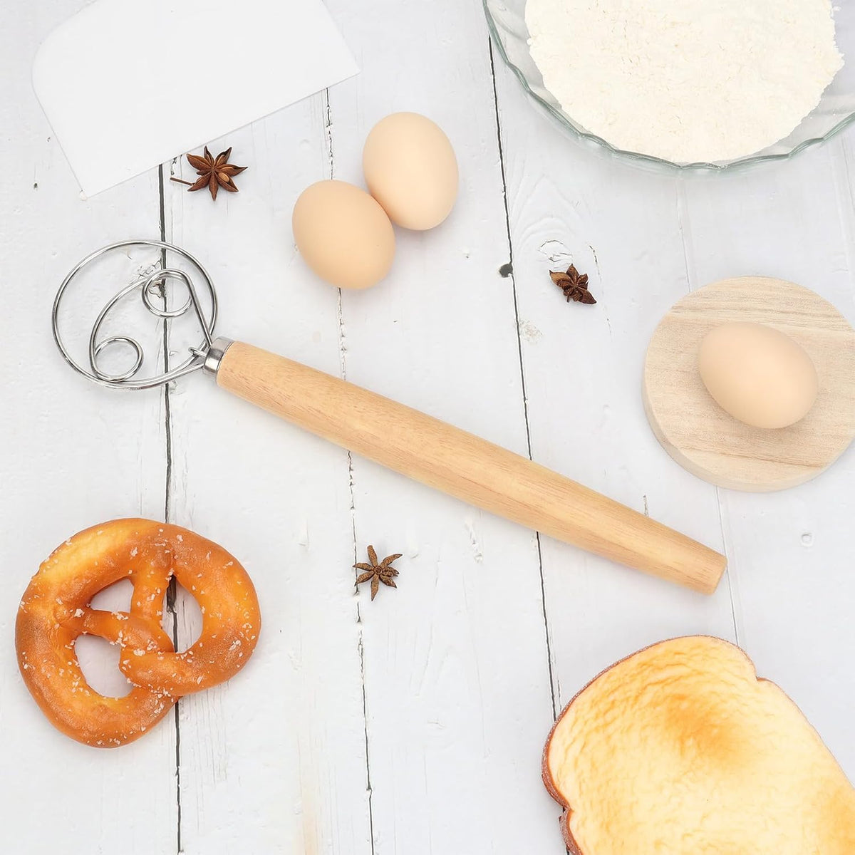 Danish Dough Whisk, 12.5 Inch Dutch Style Bread Whisk with Dough Scraper, Stainless Steel Danish Sourdough Whisks for Bread Pastry Pizza Cake Baking