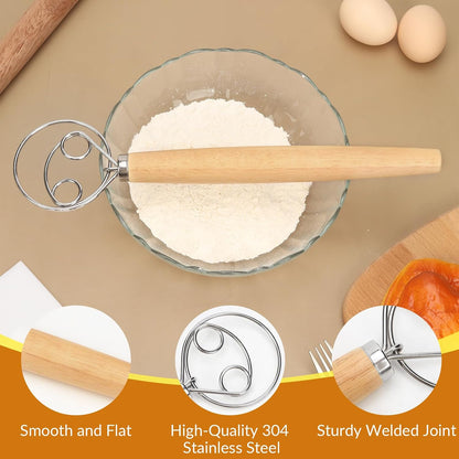 Danish Dough Whisk, 12.5 Inch Dutch Style Bread Whisk with Dough Scraper, Stainless Steel Danish Sourdough Whisks for Bread Pastry Pizza Cake Baking