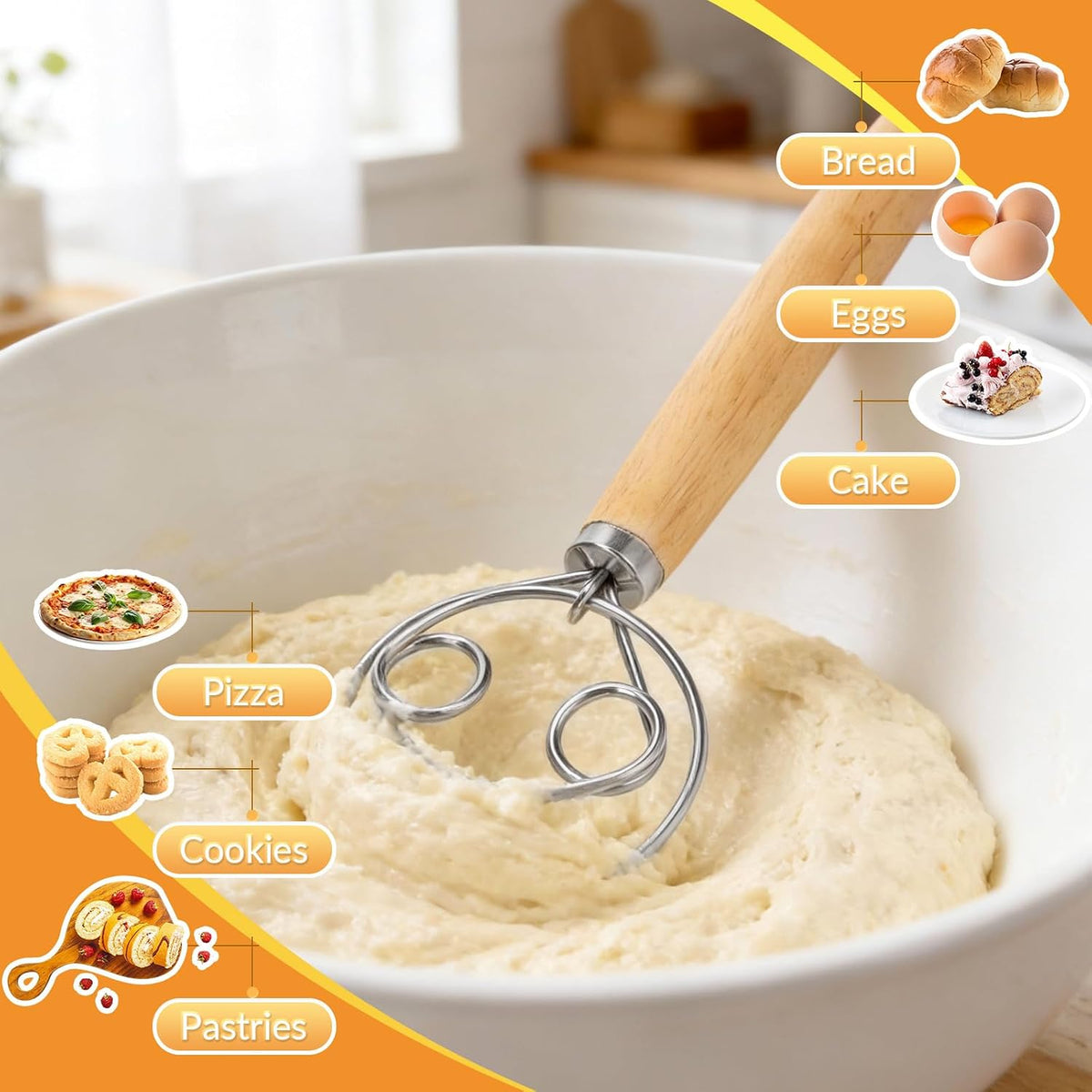 Danish Dough Whisk, 12.5 Inch Dutch Style Bread Whisk with Dough Scraper, Stainless Steel Danish Sourdough Whisks for Bread Pastry Pizza Cake Baking