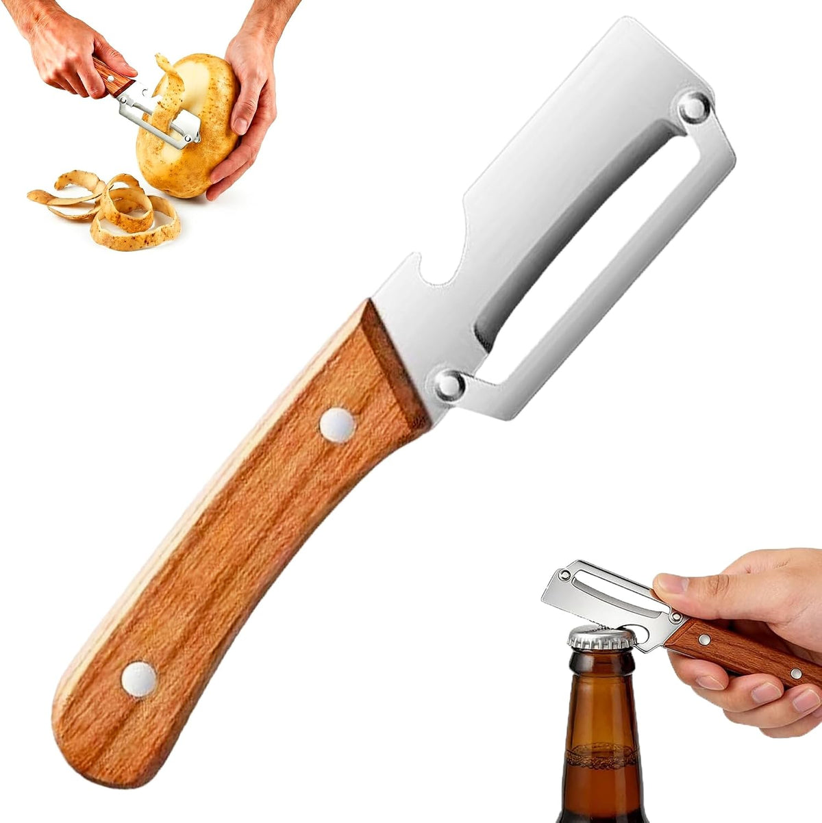 Multifunctional Vegetable Peeler with Bottle Opener, Wood Handle Stainless Steel Peeler Knife, 2 in 1 Vegetable and Fruit Peeler & Kitchen Tool for Potato, Pumpkin, Apple, Papaya, Carrot