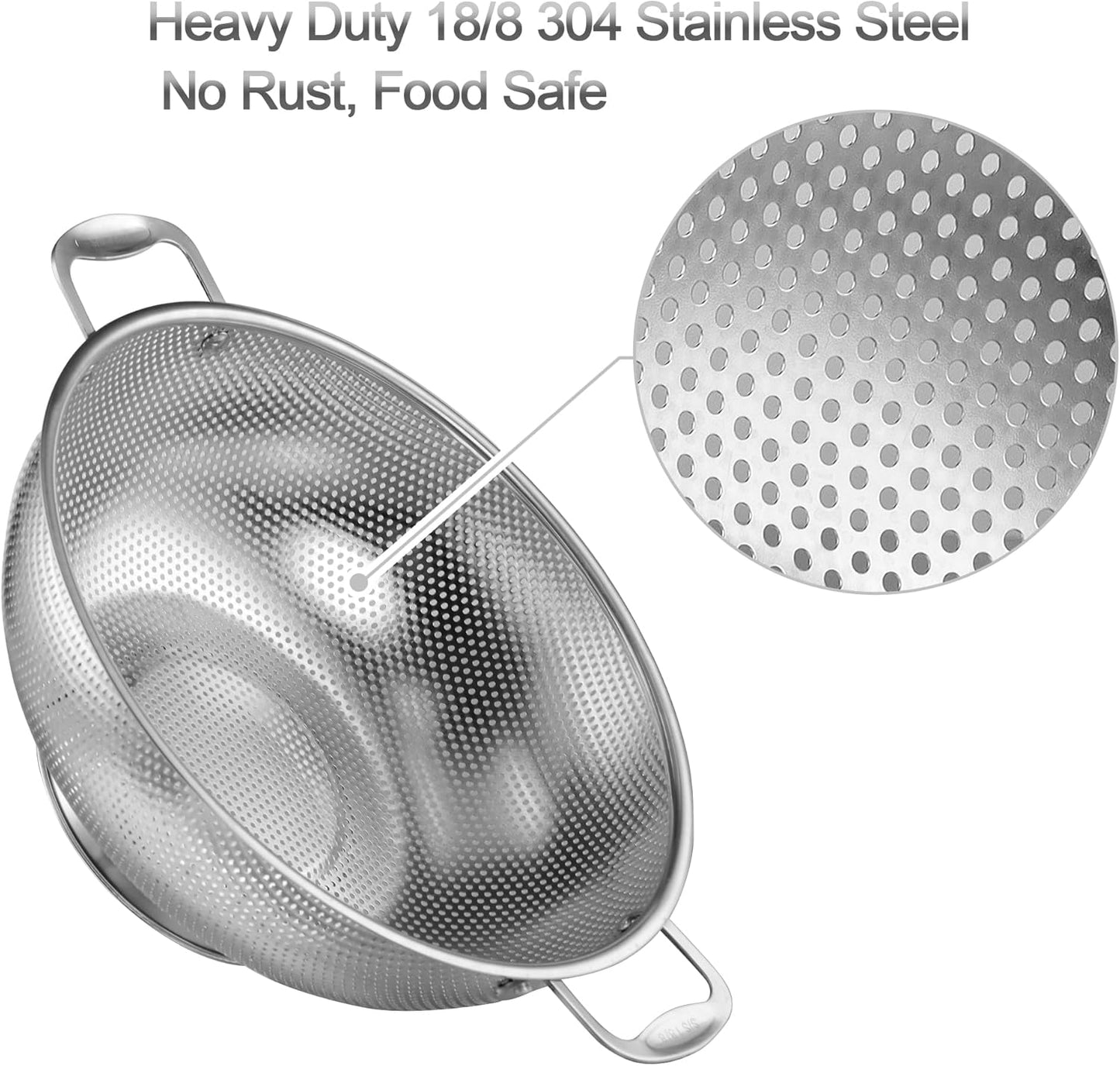 Large 6-Qt Colander, 18/8 Stainless Steel Mesh Strainer for Kitchen, Food Sieve with Riveted Handles and Self-draining Solid Ring Base, Great for Pasta, Rice, Vegetables and Fruits