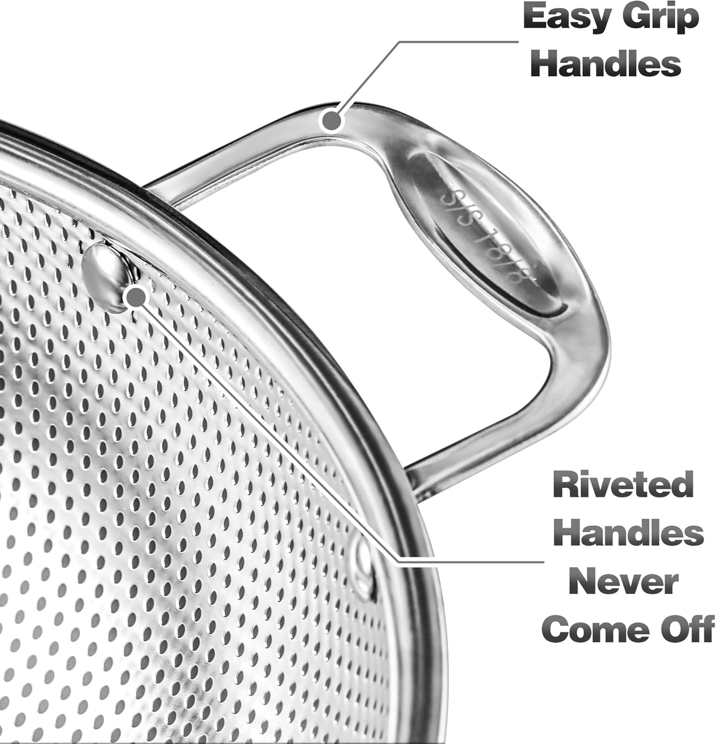 Large 6-Qt Colander, 18/8 Stainless Steel Mesh Strainer for Kitchen, Food Sieve with Riveted Handles and Self-draining Solid Ring Base, Great for Pasta, Rice, Vegetables and Fruits
