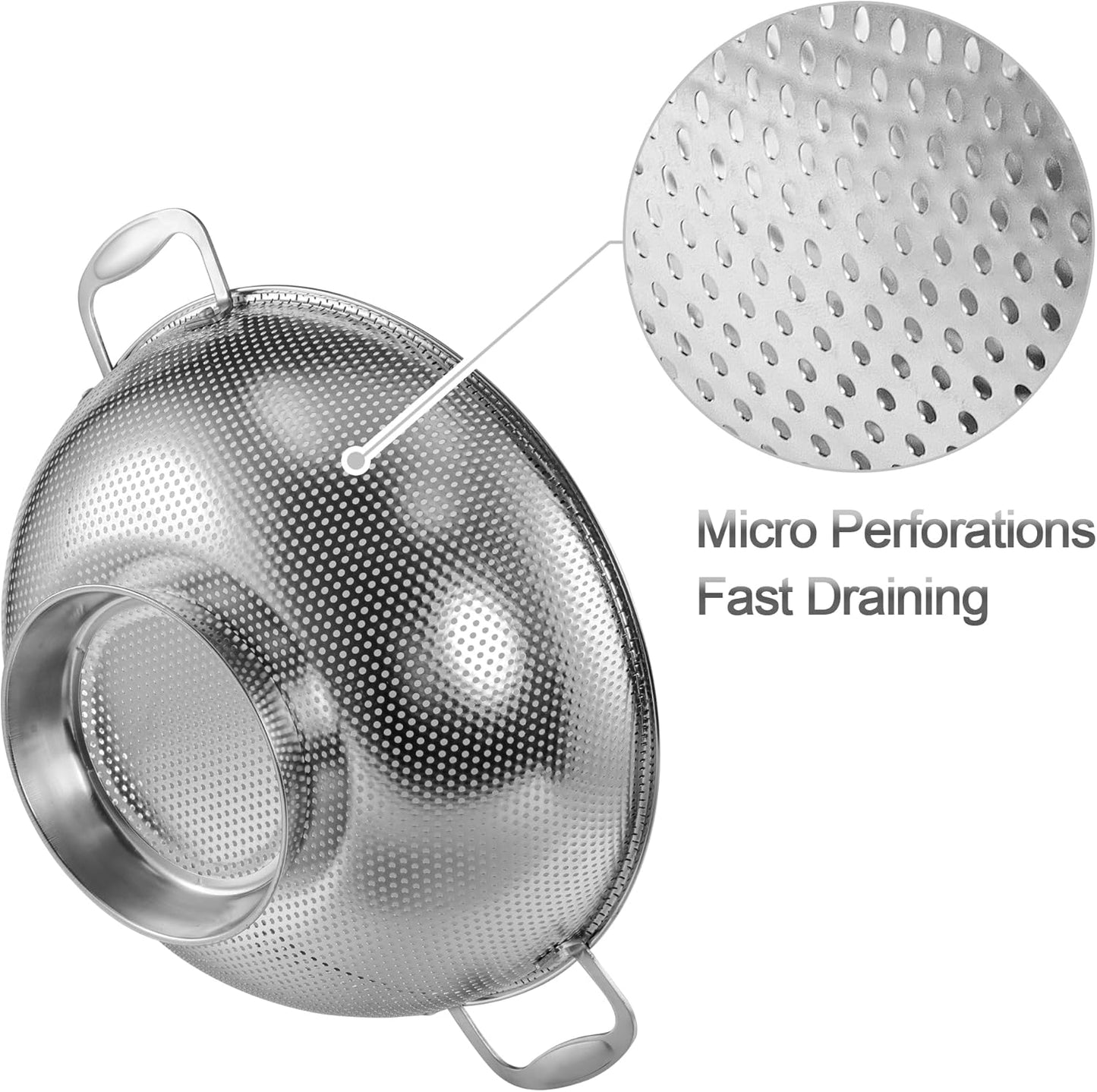 Large 6-Qt Colander, 18/8 Stainless Steel Mesh Strainer for Kitchen, Food Sieve with Riveted Handles and Self-draining Solid Ring Base, Great for Pasta, Rice, Vegetables and Fruits