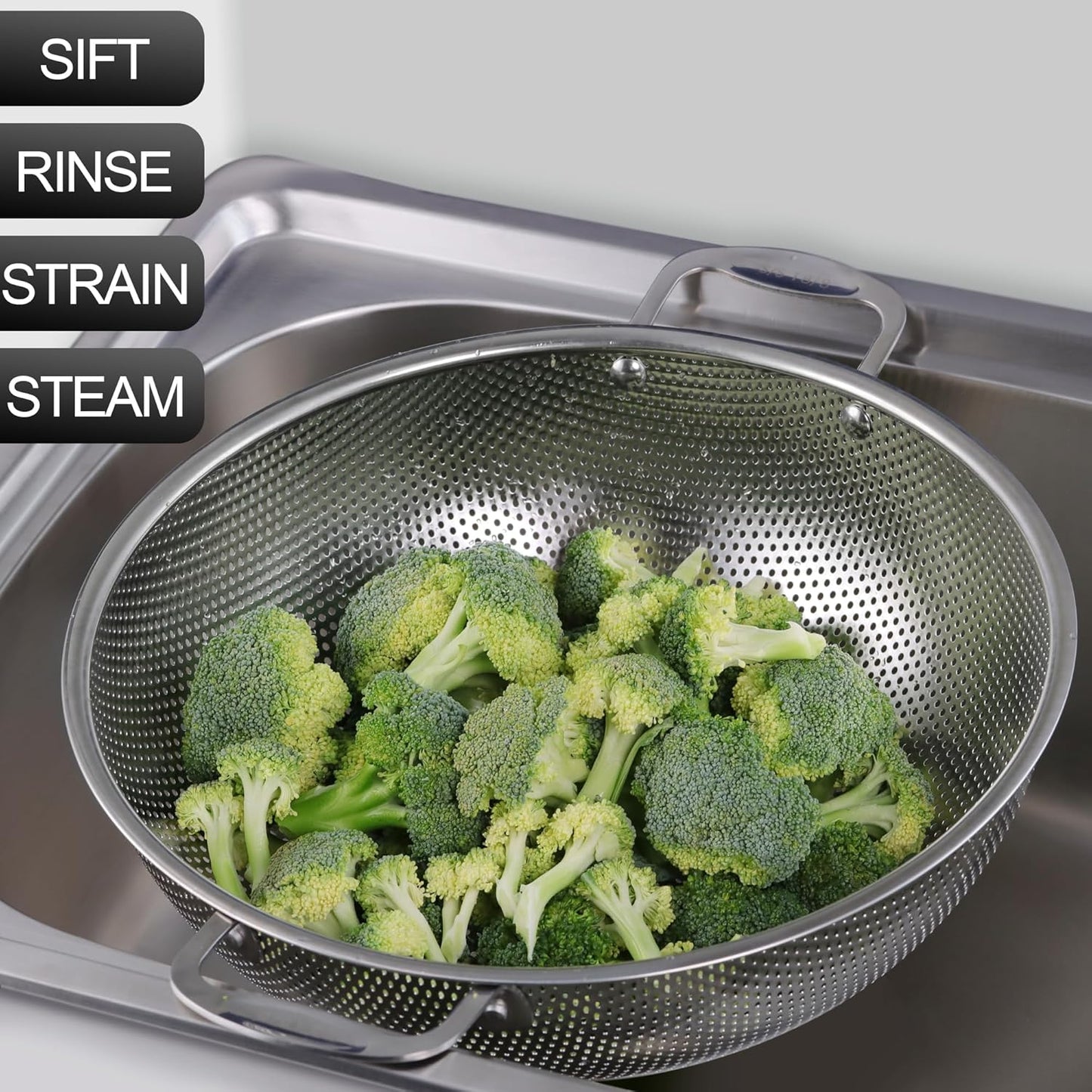 Large 6-Qt Colander, 18/8 Stainless Steel Mesh Strainer for Kitchen, Food Sieve with Riveted Handles and Self-draining Solid Ring Base, Great for Pasta, Rice, Vegetables and Fruits