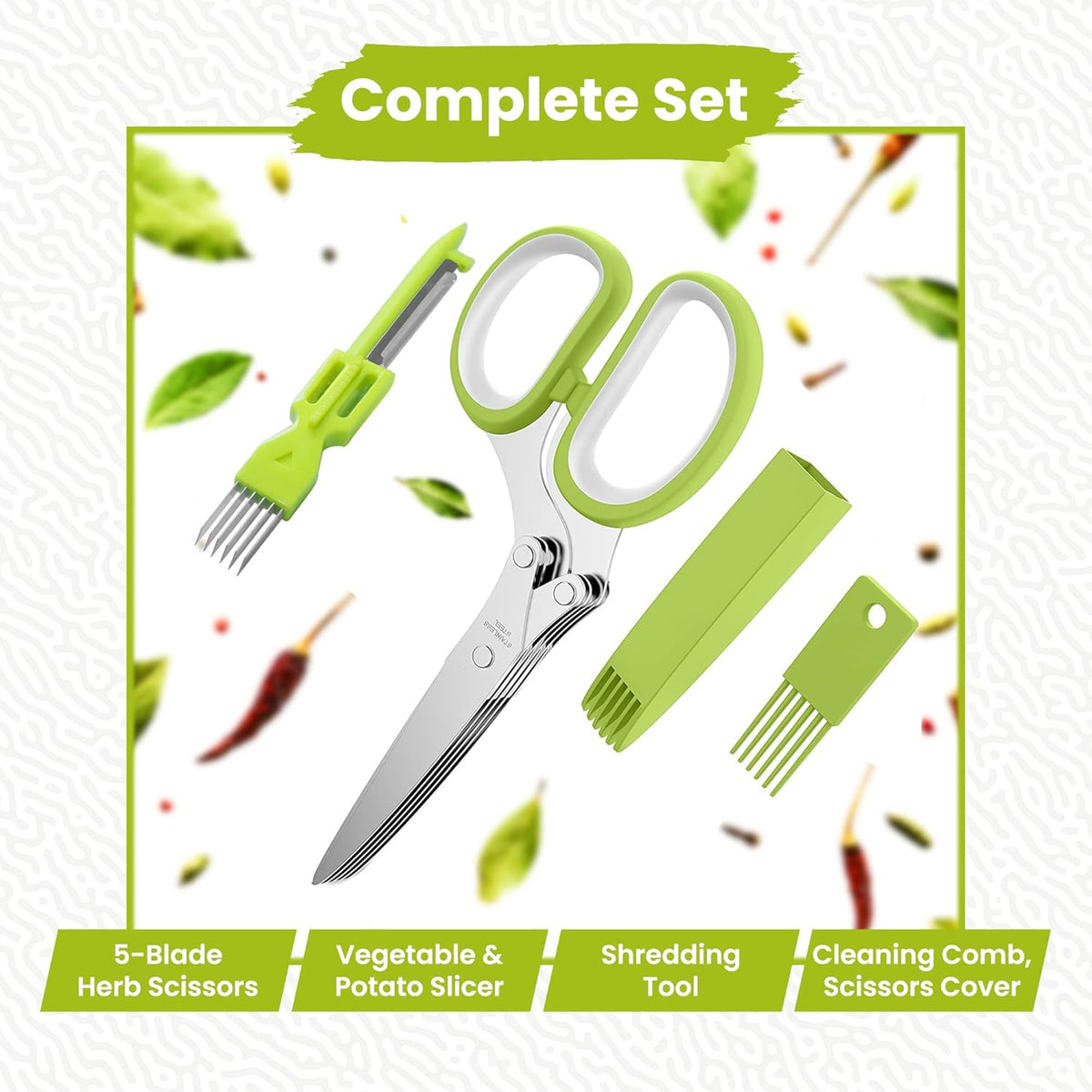 5-Blade Stainless Steel Herb Scissors with Cleaning Comb & Vegetable Peeler – Multi-Use Herb Cutter for Basil, Parsley, Cilantro & Kale