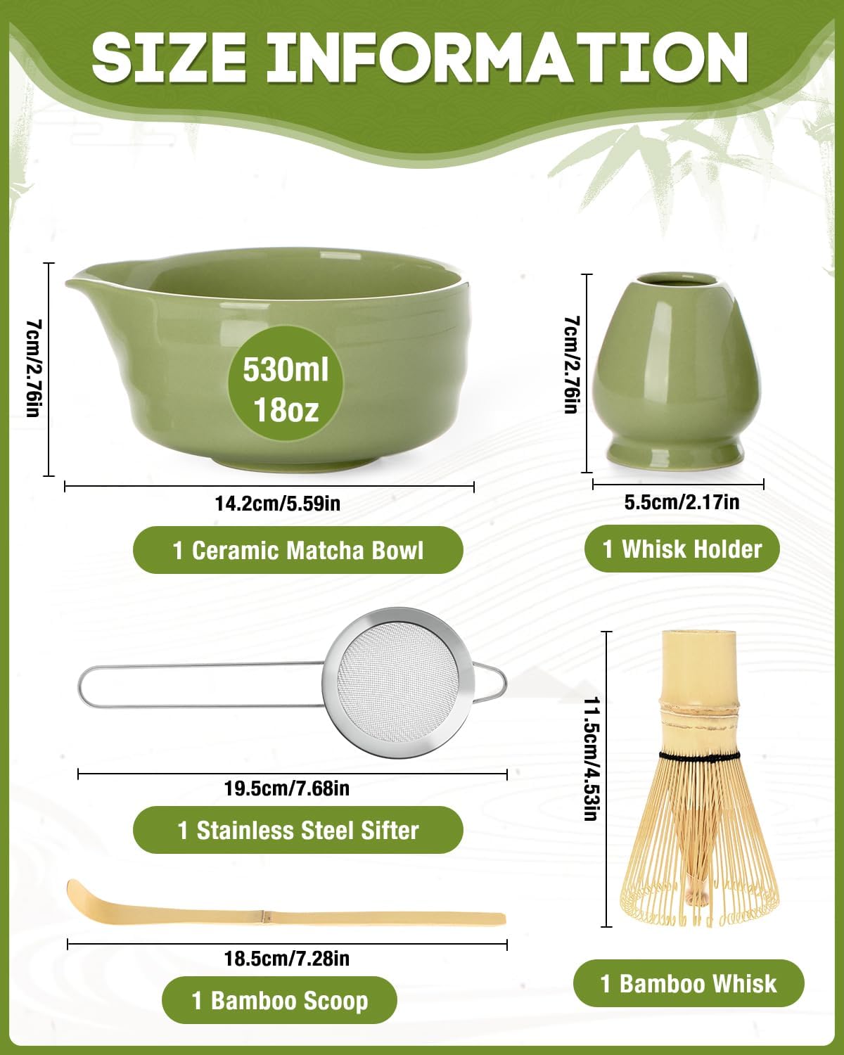 5-Piece Matcha Whisk Set, Green