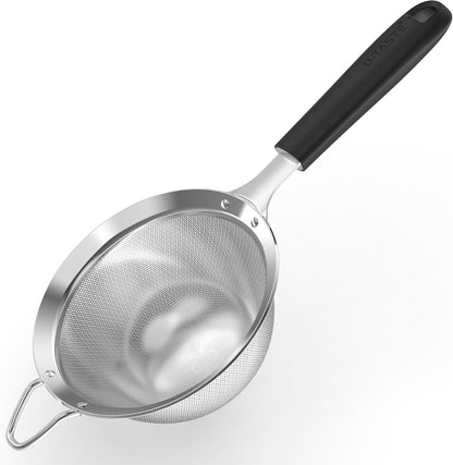 Medium Fine Mesh Strainer: 18/8 Stainless Steel 4.73in 30 Mesh Kitchen Food Sieve with Sturdy Riveted Silicone Handle, Heavy Duty Deep Handheld Metal Colander for Rice, Quinoa, Flour(Aqua Sky)