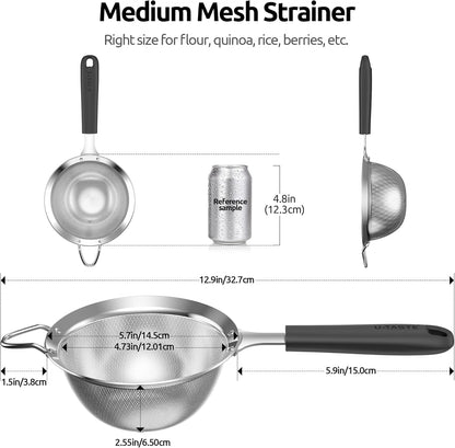 Medium Fine Mesh Strainer: 18/8 Stainless Steel 4.73in 30 Mesh Kitchen Food Sieve with Sturdy Riveted Silicone Handle, Heavy Duty Deep Handheld Metal Colander for Rice, Quinoa, Flour(Aqua Sky)