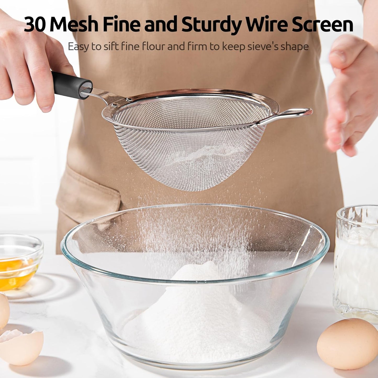 Medium Fine Mesh Strainer: 18/8 Stainless Steel 4.73in 30 Mesh Kitchen Food Sieve with Sturdy Riveted Silicone Handle, Heavy Duty Deep Handheld Metal Colander for Rice, Quinoa, Flour(Aqua Sky)