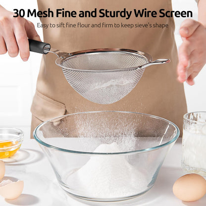 Medium Fine Mesh Strainer: 18/8 Stainless Steel 4.73in 30 Mesh Kitchen Food Sieve with Sturdy Riveted Silicone Handle, Heavy Duty Deep Handheld Metal Colander for Rice, Quinoa, Flour(Aqua Sky)