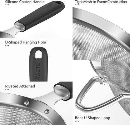 Medium Fine Mesh Strainer: 18/8 Stainless Steel 4.73in 30 Mesh Kitchen Food Sieve with Sturdy Riveted Silicone Handle, Heavy Duty Deep Handheld Metal Colander for Rice, Quinoa, Flour(Aqua Sky)