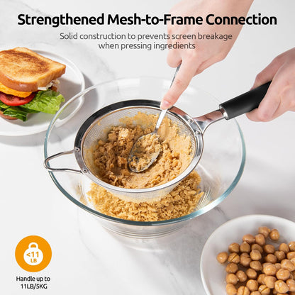 Medium Fine Mesh Strainer: 18/8 Stainless Steel 4.73in 30 Mesh Kitchen Food Sieve with Sturdy Riveted Silicone Handle, Heavy Duty Deep Handheld Metal Colander for Rice, Quinoa, Flour(Aqua Sky)